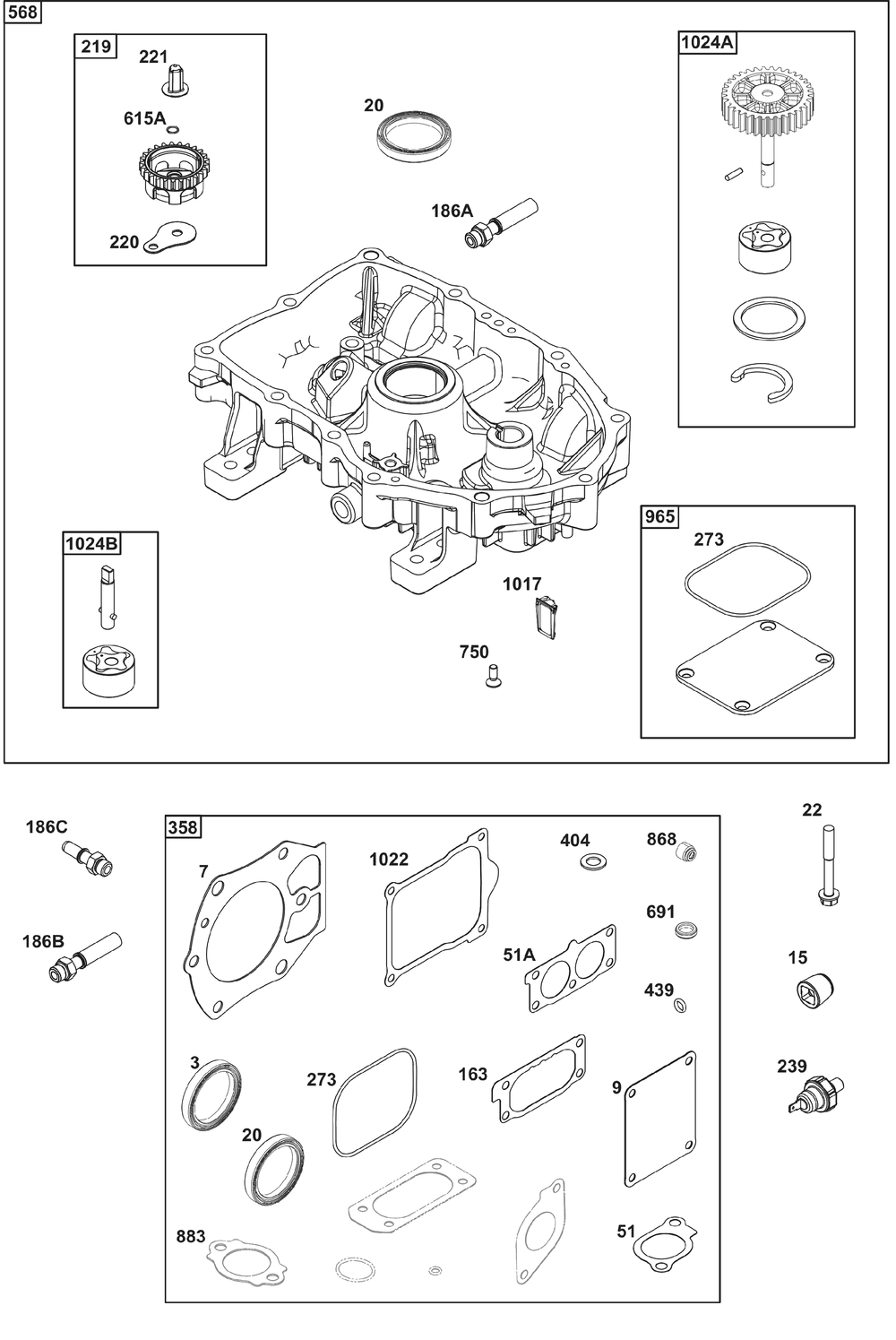 Crankcase Cover/Sump Group Diagram and Parts List for 613777-2215-J1 400000 - 699999 Briggs and Stratton Engine